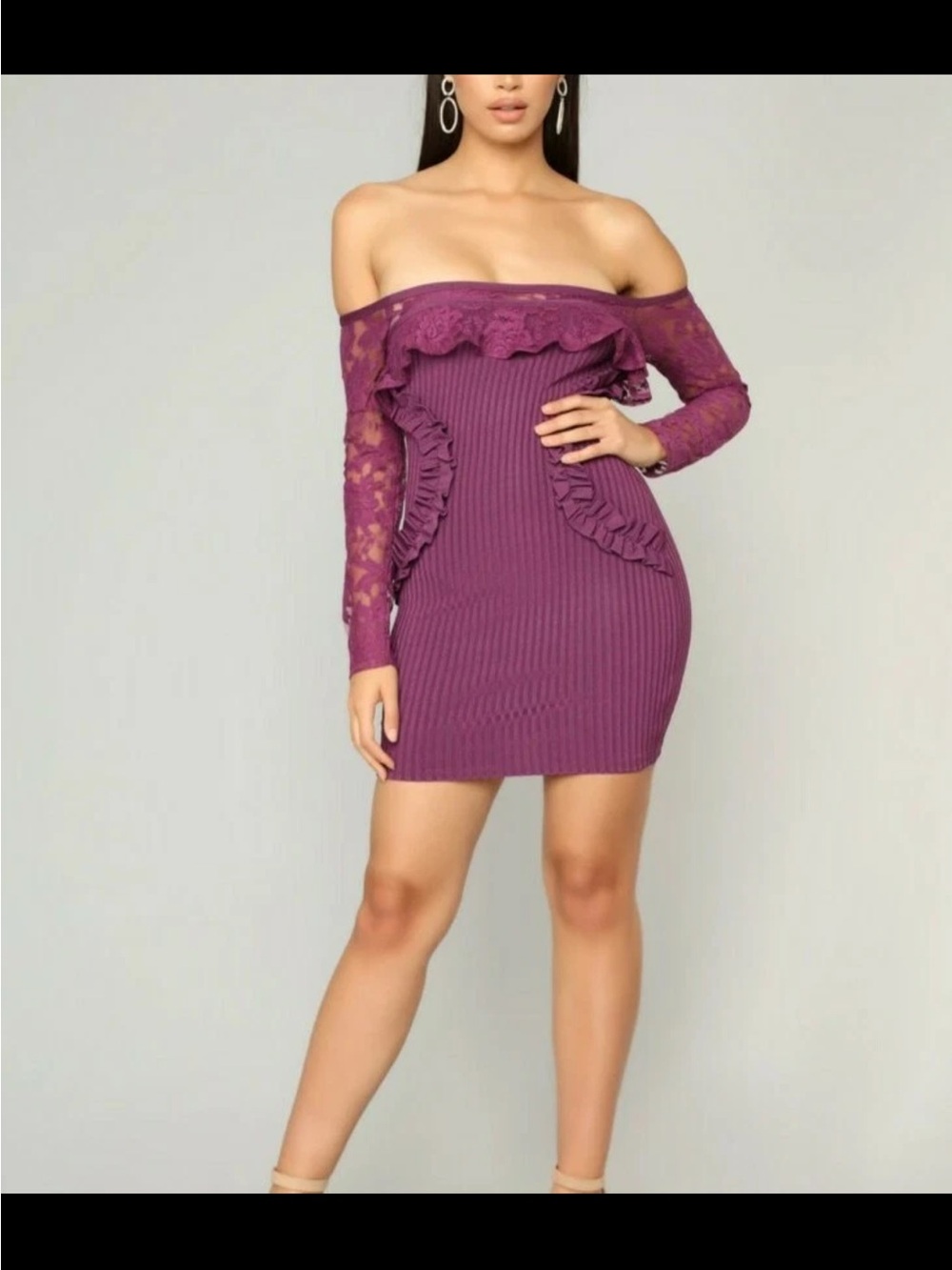 Fashion Nova Off-Shoulder Purple Lace Ruffle bandage Mini Dress